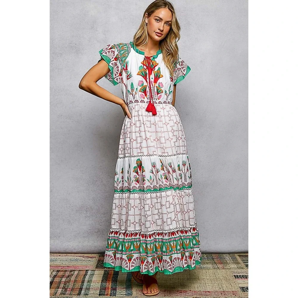 POL Hand Block Printed Cotton Tiered Midi Dress Flutter Sleeve Floral MEDIUM